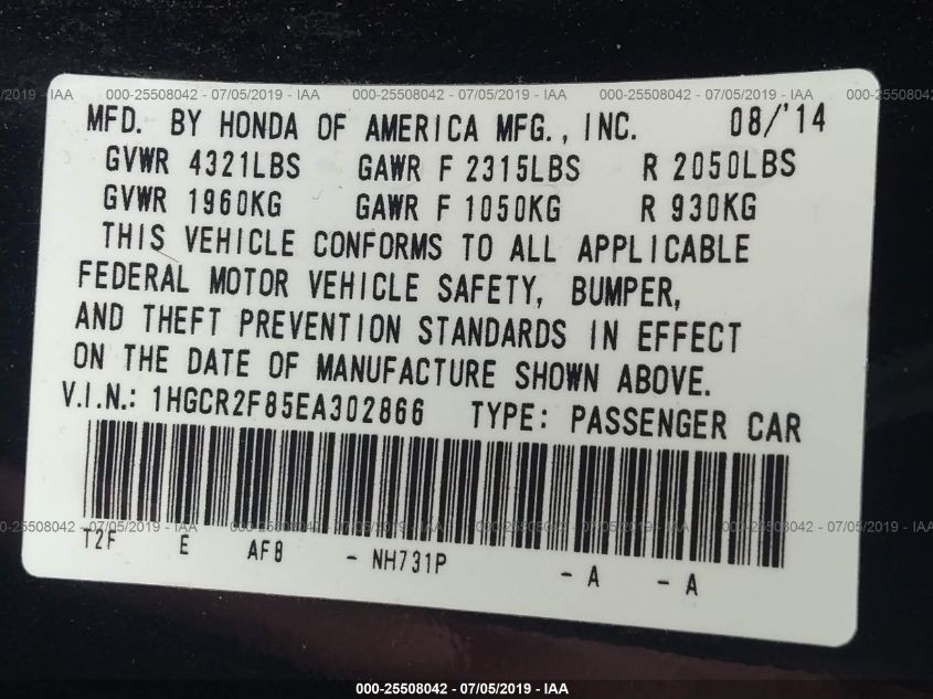 2014 HONDA ACCORD EX-L 1HGCR2F85EA302866