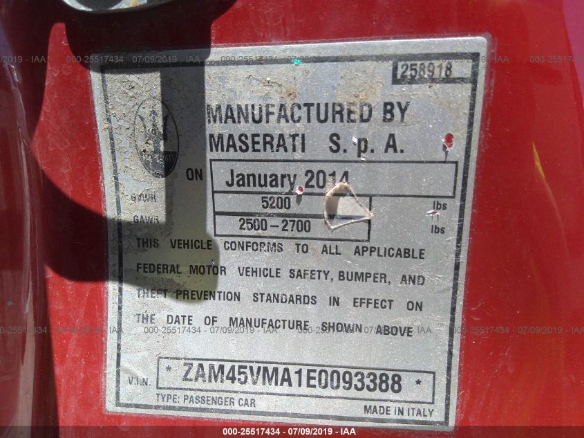 2014 MASERATI GRANTURISMO SPORT/MC ZAM45VMA1E0093388