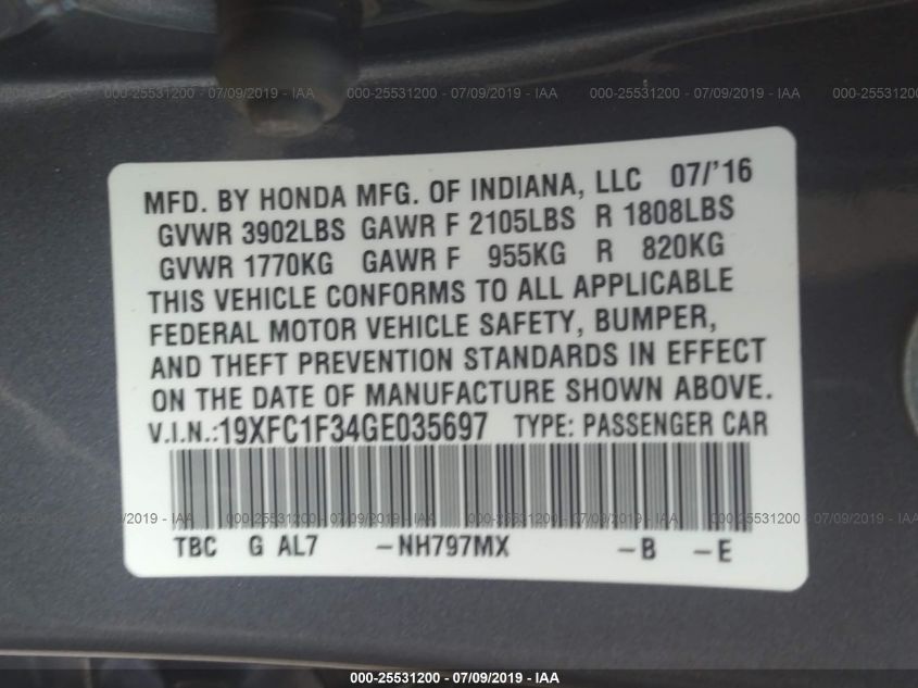 2016 HONDA CIVIC SEDAN EX 19XFC1F34GE035697