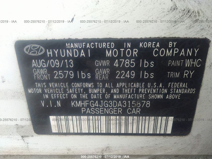 2013 HYUNDAI AZERA KMHFG4JG3DA315878