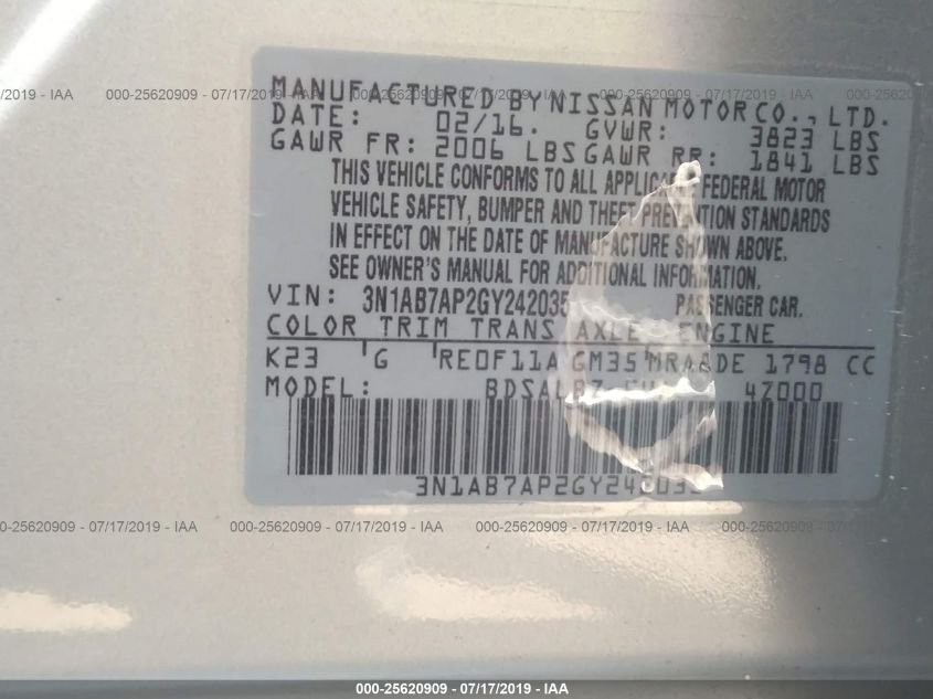2016 NISSAN SENTRA S 3N1AB7AP2GY242035