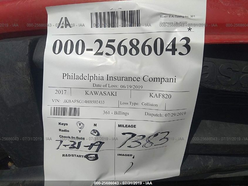 2017 KAWASAKI KAF820 G JKBAFSG14HB502433