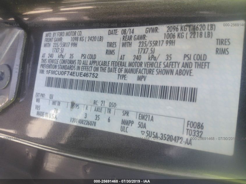 2014 FORD ESCAPE S 1FMCU0F74EUE46752