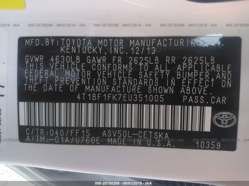 2014 TOYOTA CAMRY L/SE/LE/XLE 4T1BF1FK7EU351005