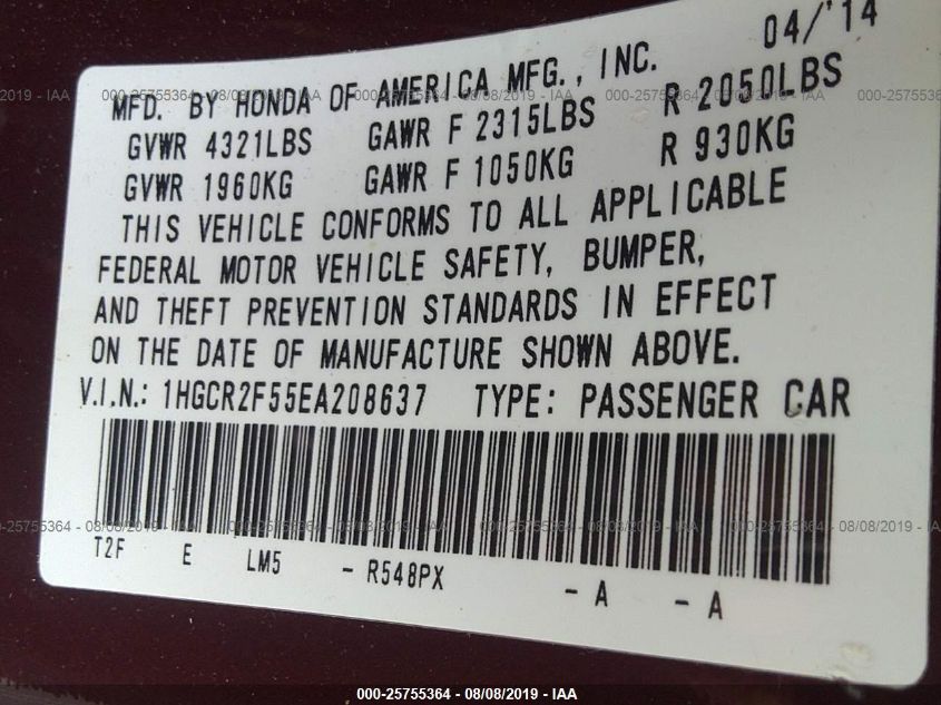 2014 HONDA ACCORD SDN SPORT 1HGCR2F55EA208637