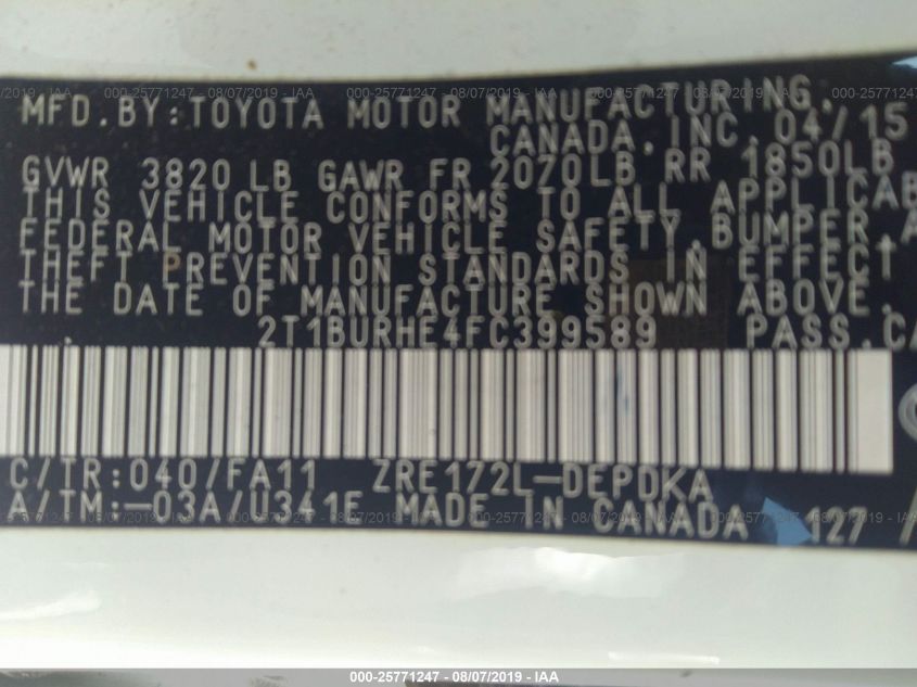 2015 TOYOTA COROLLA L 2T1BURHE4FC399589