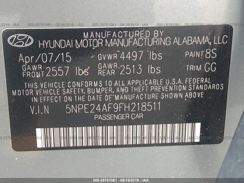 2015 HYUNDAI SONATA 2.4L SE 5NPE24AF9FH218511