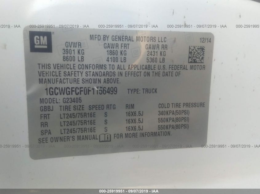 2015 CHEVROLET EXPRESS CARGO VAN 1GCWGFCF0F1156499