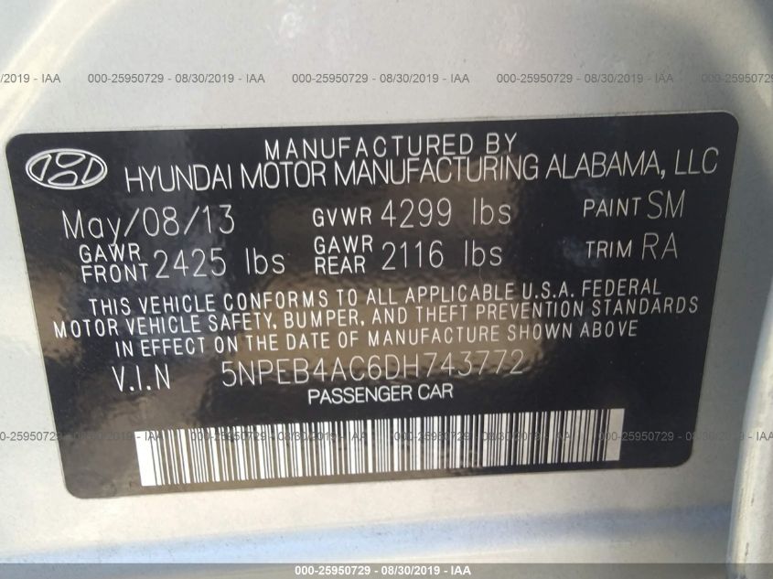 2013 HYUNDAI SONATA GLS 5NPEB4AC6DH743772