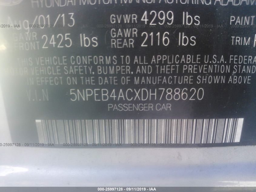 2013 HYUNDAI SONATA GLS 5NPEB4ACXDH788620