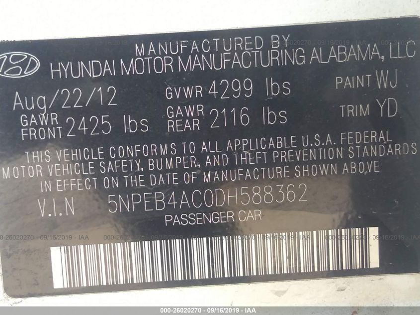 2013 HYUNDAI SONATA GLS 5NPEB4AC0DH588362