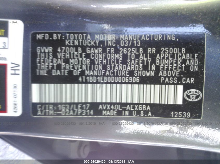2013 TOYOTA AVALON HYBRID HYBRID/PREM/TOUR/LTD 4T1BD1EB0DU006906