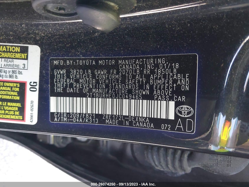 VIN 2T1BURHE0JC049465 2018 TOYOTA COROLLA L/LE/XLE/SE/XSE