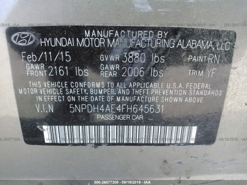 2015 HYUNDAI ELANTRA SE/SPORT/LIMITED 5NPDH4AE4FH645631