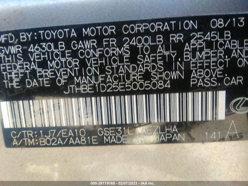2014 LEXUS IS 350 JTHBE1D25E5005084