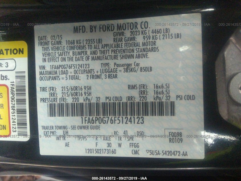 2015 FORD FUSION S 1FA6P0G76F5124123