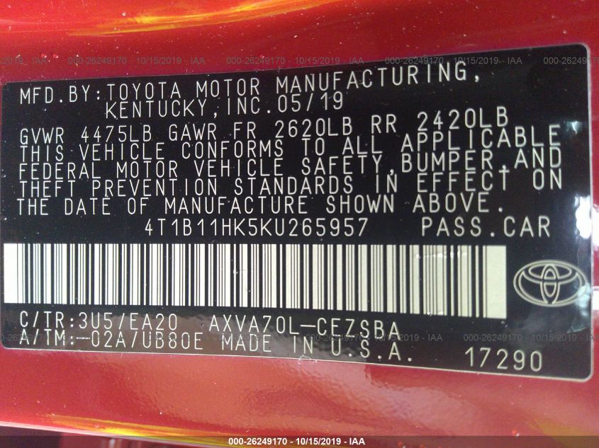 2019 TOYOTA CAMRY LE/SE/XLE/L 4T1B11HK5KU265957