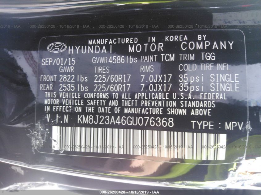 2016 HYUNDAI TUCSON SE KM8J23A46GU076368