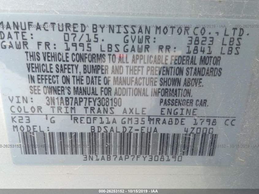 2015 NISSAN SENTRA SV 3N1AB7AP7FY308190