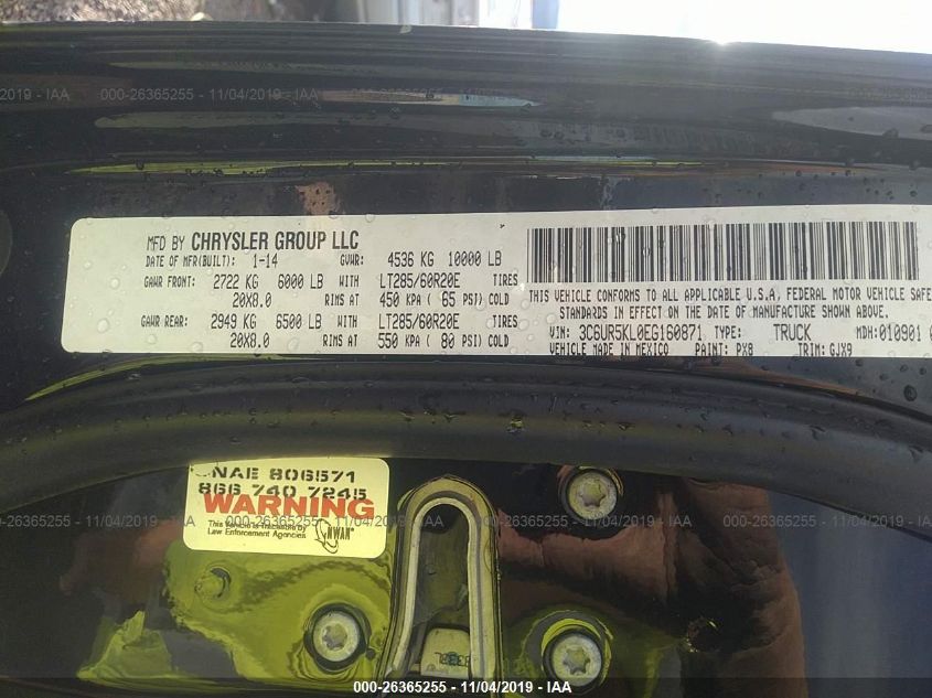 2014 RAM 2500 LARAMIE 3C6UR5KL0EG160871
