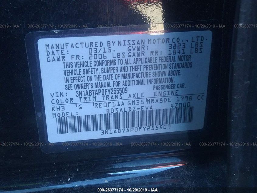 2015 NISSAN SENTRA SR/SL/S/SV/FE+ S 3N1AB7AP0FY255509