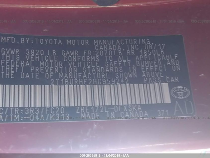 2017 TOYOTA COROLLA L/LE/XLE/SE - 2T1BURHE2HC959242