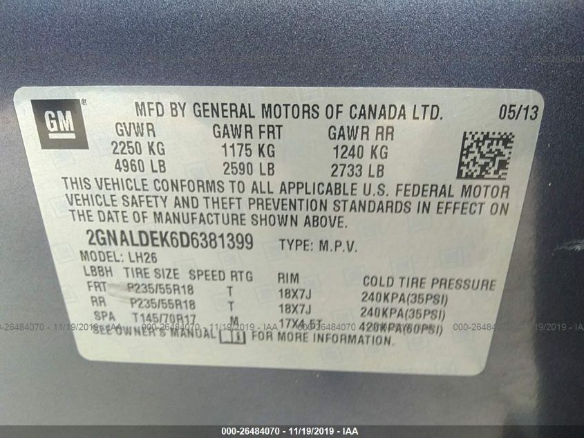2013 CHEVROLET EQUINOX LT 2GNALDEK6D6381399