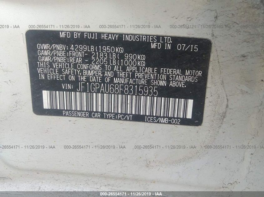 2015 SUBARU IMPREZA WAGON SPORT JF1GPAU68F8315935