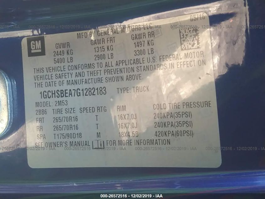 2016 CHEVROLET COLORADO WT 1GCHSBEA7G1282183