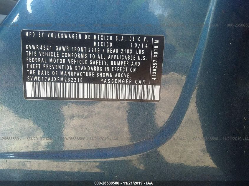 2015 VOLKSWAGEN JETTA SEDAN 1.8T SE 3VWD17AJXFM232218