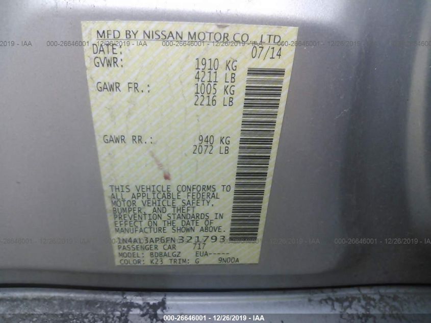 2015 NISSAN ALTIMA 2.5 S 1N4AL3AP6FN321793