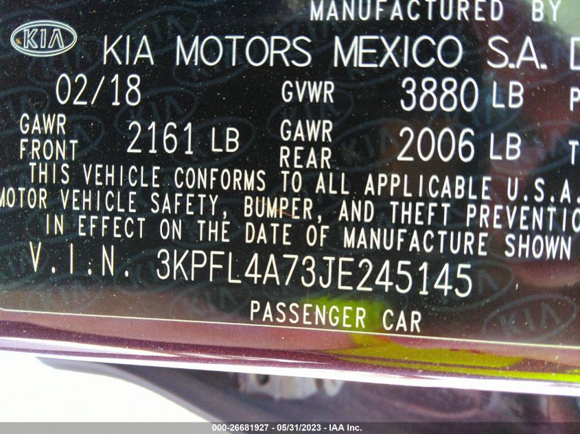 2018 KIA FORTE LX 3KPFL4A73JE245145