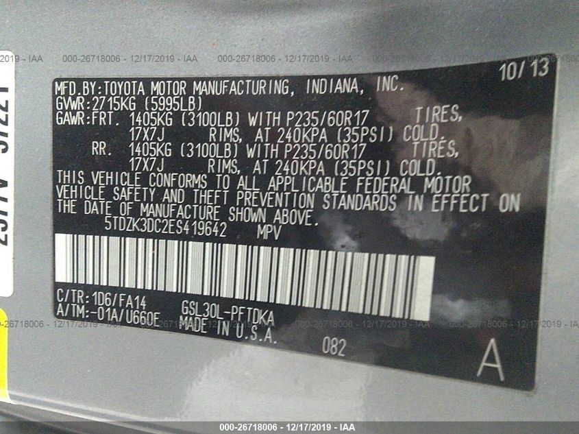 2014 TOYOTA SIENNA L 5TDZK3DC2ES419642