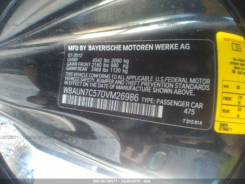 2013 BMW 1 SERIES 135I WBAUN7C57DVM26986