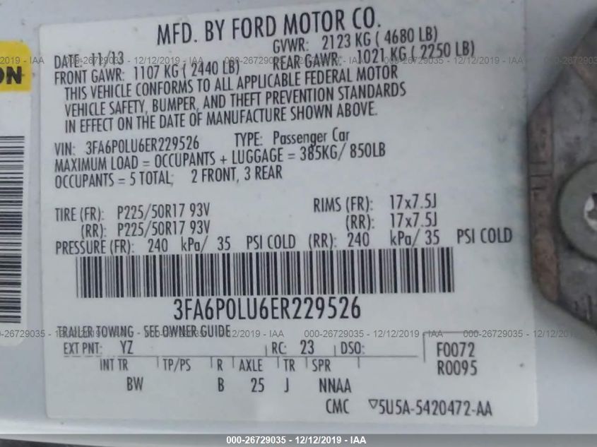 2014 FORD FUSION SE HYBRID 3FA6P0LU6ER229526