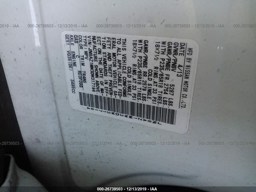 2013 NISSAN MURANO SL JN8AZ1MW3DW317194