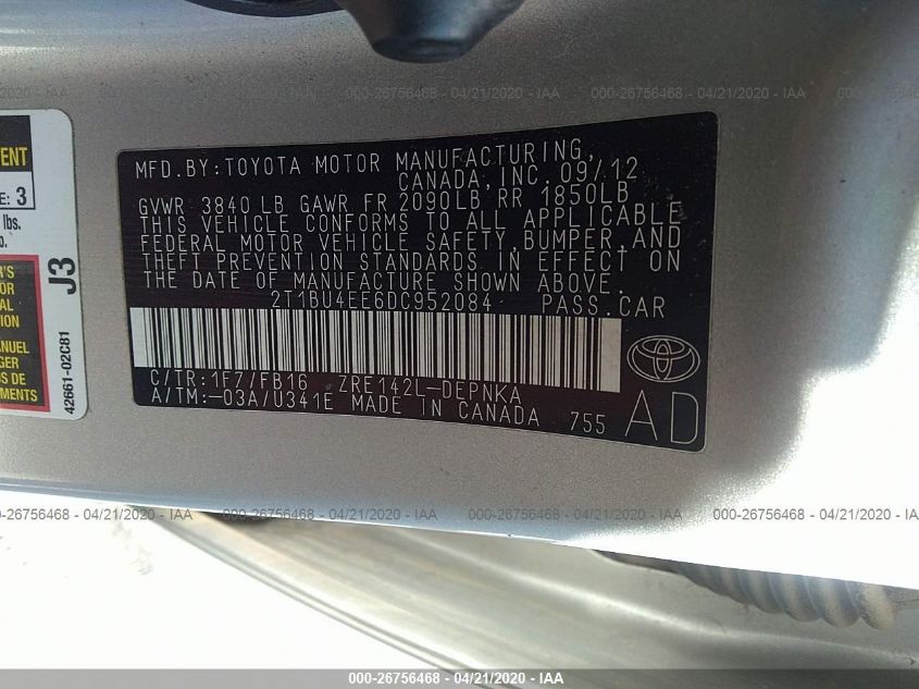 2013 TOYOTA COROLLA S/LE 2T1BU4EE6DC952084