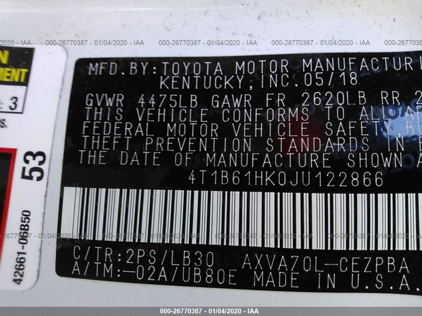 2018 TOYOTA CAMRY XSE 4T1B61HK0JU122866