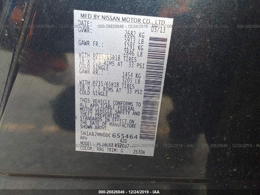 2013 NISSAN PATHFINDER S 5N1AR2MN0DC655464
