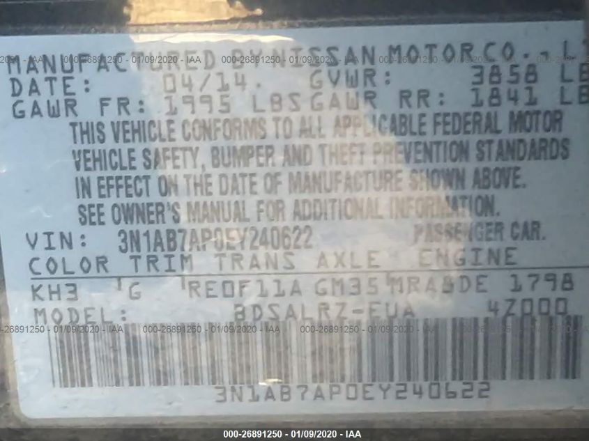 2014 NISSAN SENTRA S/SV/SR/SL 3N1AB7AP0EY240622