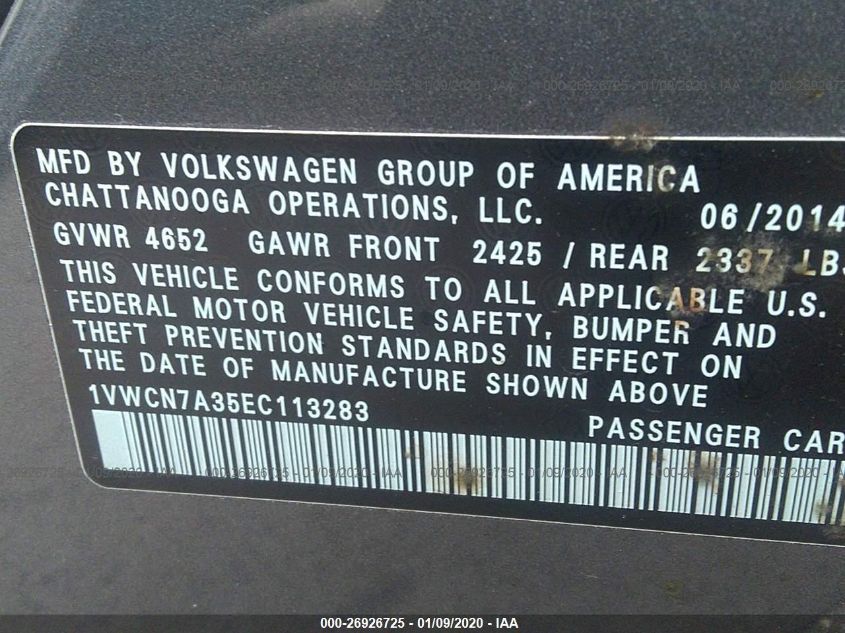 2014 VOLKSWAGEN PASSAT SEL 1VWCN7A35EC113283