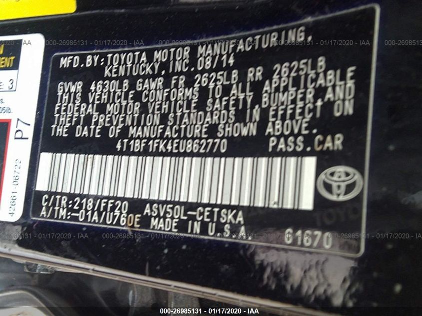 2014 TOYOTA CAMRY L/LE/XLE/SE/SE SPORT 4T1BF1FK4EU862770