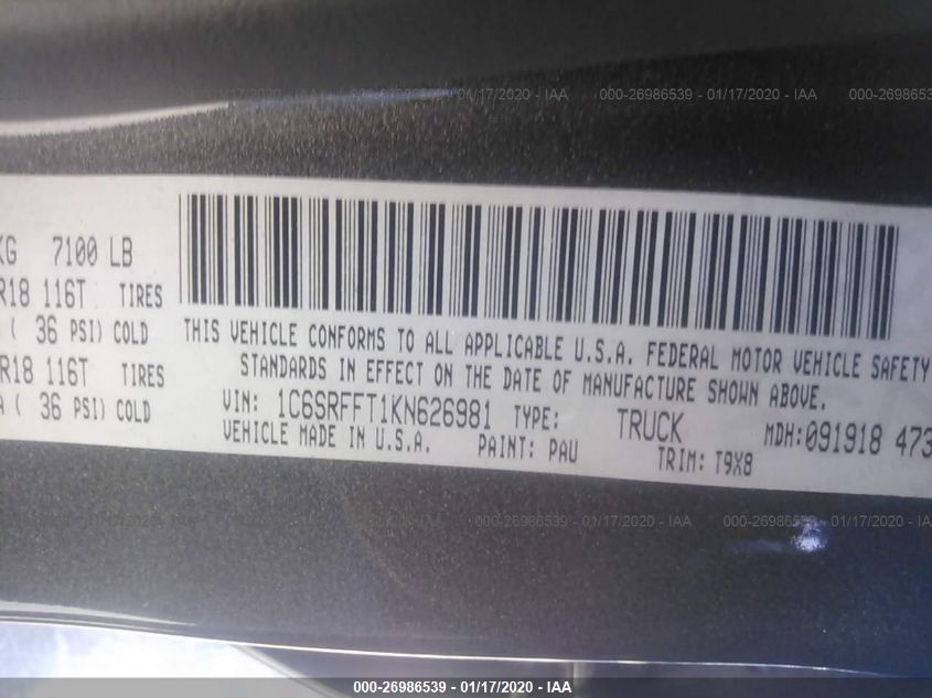 2019 RAM 1500 BIG HORN/LONE STAR 1C6SRFFT1KN626981