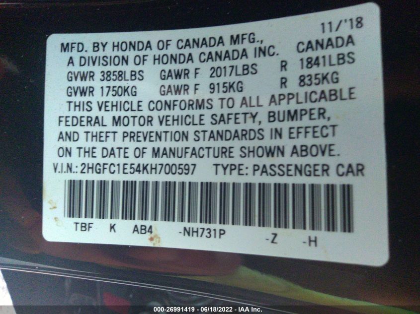 2019 HONDA CIVIC SI SEDAN 2HGFC1E54KH700597