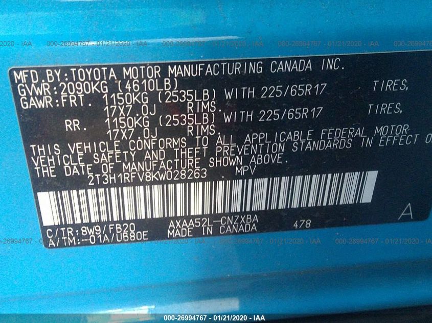 2019 TOYOTA RAV4 LE 2T3H1RFV8KW028263