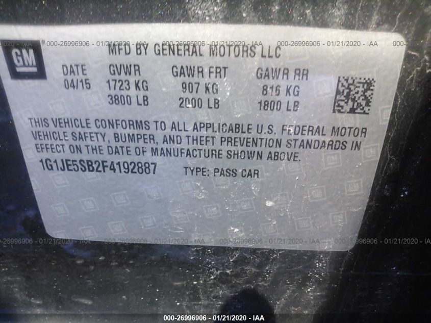 2015 CHEVROLET SONIC LTZ 1G1JE5SB2F4192887