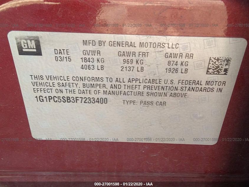 2015 CHEVROLET CRUZE LT 1G1PC5SB3F7233400