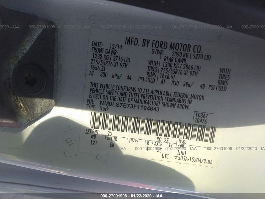 2015 FORD TRANSIT CONNECT XL NM0LS7E73F1194643