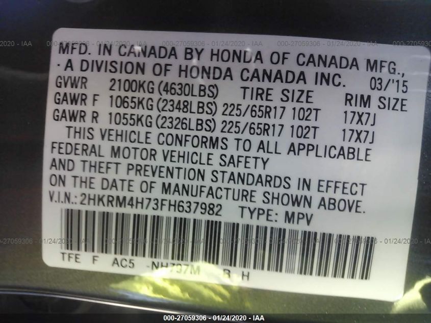 2015 HONDA CR-V EX-L 2HKRM4H73FH637982