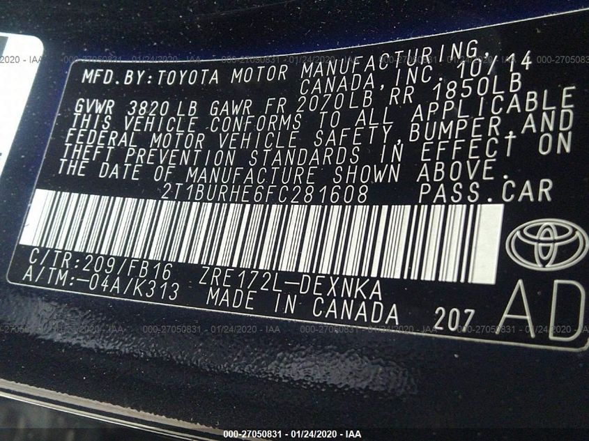 2015 TOYOTA COROLLA LE 2T1BURHE6FC281608